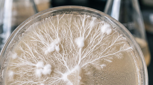 Close-up of white fungal mycelium culture growing in a petri dish in a laboratory setting.