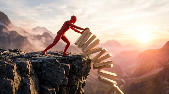 A red mannequin figure pushing a wooden block tower off a high rocky cliff edge during sunset representing business risk, financial failure, total collapse, and strategic consequences.