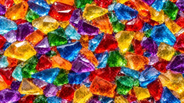 Vibrant multicolored glass shards arranged in a colorful abstract mosaic pattern