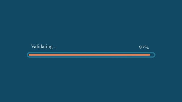 Motion graphic of orange validating progress bar reaching 97 percentage completion on dark blue background, depicting data validation, system verification, and authentication status.
