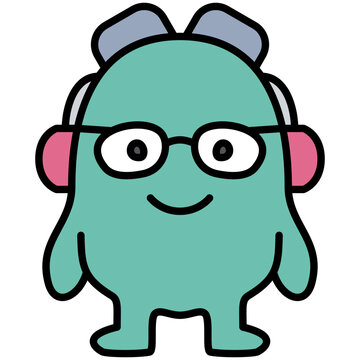 Cute kawaii teal nerd monster character with headphones flat outline