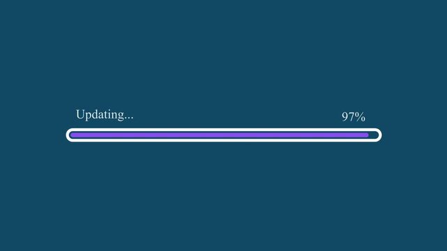 Motion graphic of purple updating progress bar reaching 97 percentage completion on dark blue background, depicting software update and system upgrade status.
