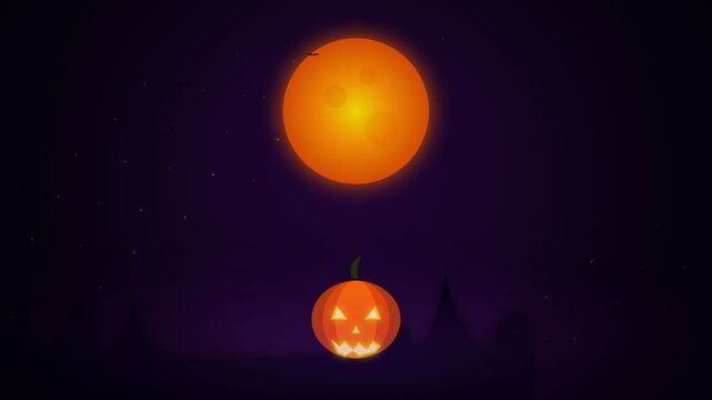 Animated Halloween Jack o lantern with Bats Flying Under Full Moon