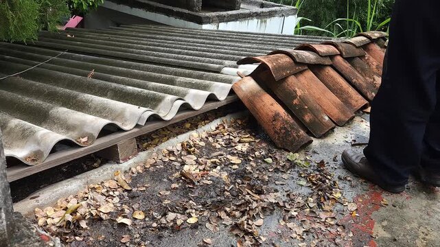 Walking Across Corrugated Metal Roof with Clay Tiles