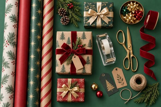 Wrapping gifts with paper, ribbons, tags, and tools arranged for Christmas