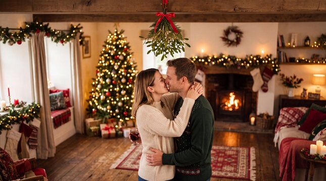 Couple kissing beneath mistletoe in a living room decorated for Christmas at night