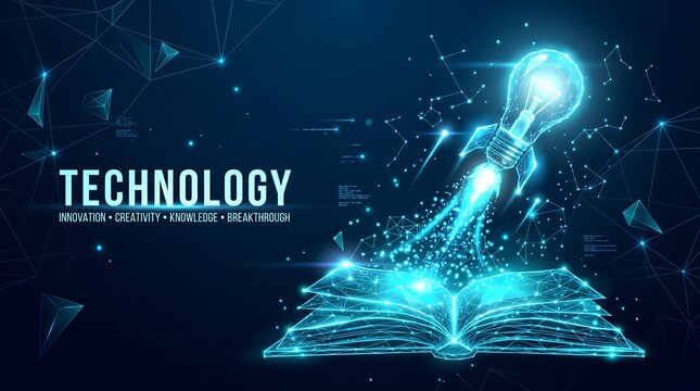 Digital Transformation Concept Featuring a Glowing Lightbulb Emerging from an Open Book Representing Creative Knowledge and Innovation