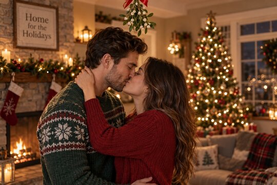 Couple kisses beneath mistletoe beside a decorated Christmas tree at home