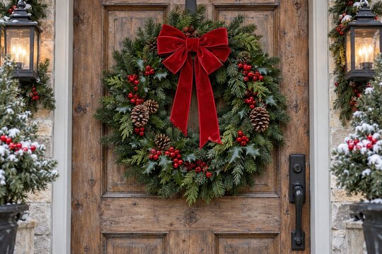 Christmas wreath with a red bow hanging on a wooden front door