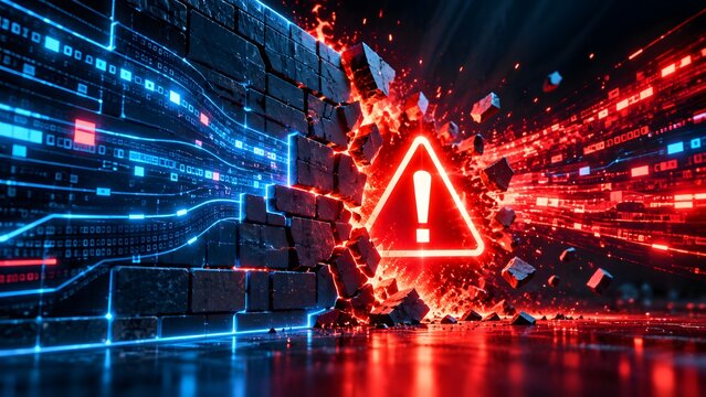 Cyber Security Data Breach Concept with Exploding Digital Brick Wall and Glowing Red Warning Alert Icon Representing Hacking Attack System Failure and Network Vulnerability