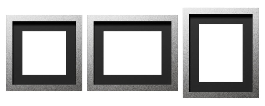 Modern silver metallic photo frame with a textured outer border and dark recessed interior, creating an elegant monochrome design for photography, portraits, presentations, and contemporary layouts.
