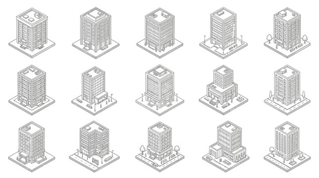 A diverse array of isometric architectural illustrations featuring different building designs and urban elements, rendered in a clear line drawing style.