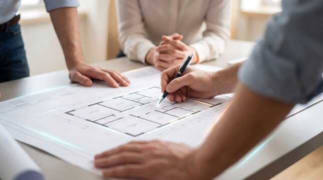 Team of architects collaborating at office desk discussing floor plan blueprints with pens and rulers showing teamwork in engineering and real estate construction development