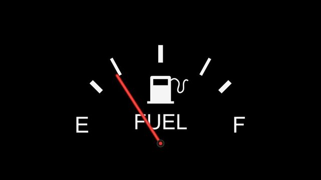 Fuel Gauge Indicator Animation from F to E, Low Fuel Warning, Automotive Dashboard Fuel Level Decreasing, Empty Gas Tank Warning