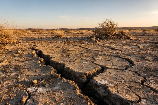 Arid cracked earth and dry soil in a barren desert landscape during sunset