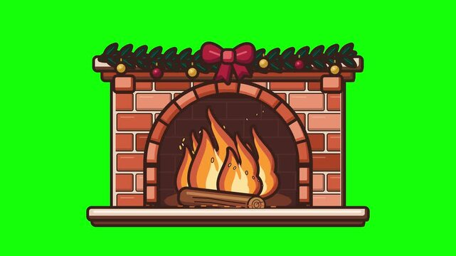 Animated Christmas brick fireplace with fire on green screen