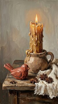 Handcrafted candle with bird figurine and spices on rustic table