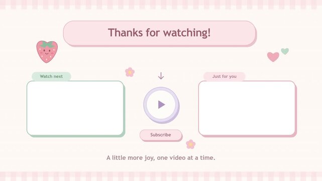 A cute, pastel-colored video end screen template featuring a strawberry character and subscription buttons, perfect for creators to engage viewers at the end of their content.