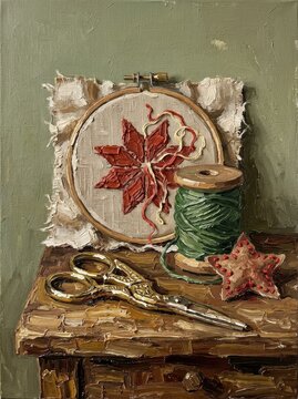 Handcrafted holiday decorations with embroidery and sewing tools