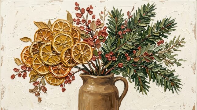 Traditional handcrafted holiday decor with dried oranges and evergreen
