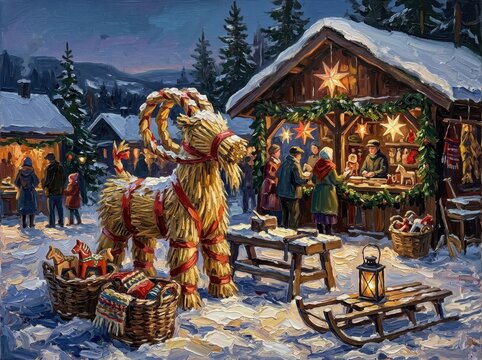 Traditional holiday market scene with festive decorations and goat statue