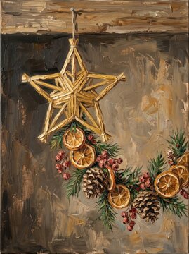 Handcrafted golden star ornament with dried oranges and pinecones for Christmas