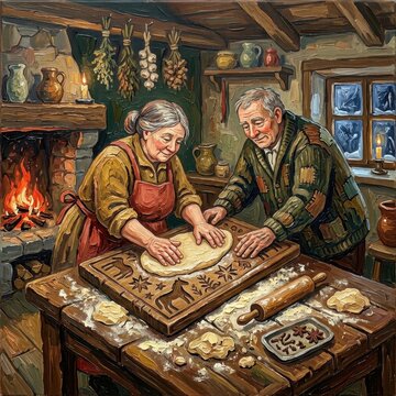 Elderly couple baking holiday cookies in a cozy kitchen for Christmas