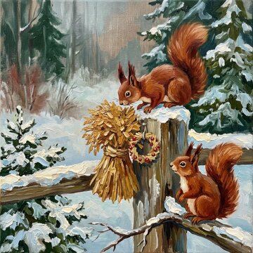 Squirrels playing in a snowy forest around a wooden fence in winter