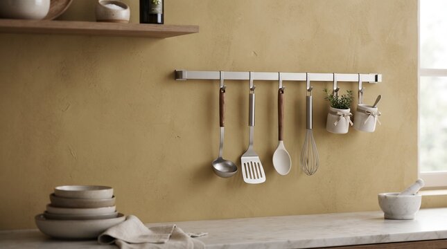 Minimalist kitchen utensils hanging on wall rail with copy space