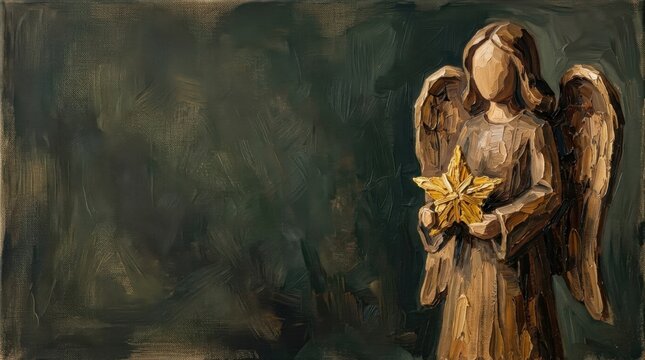 Handcrafted angel statuette holding golden leaf for holiday decoration