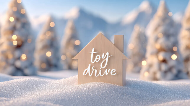 A wooden toy house labeled "toy drive" sits on snow in front of blurred, glowing Christmas trees and snowy mountains.Charity organization websites, holiday donation campaigns, non-profit community 