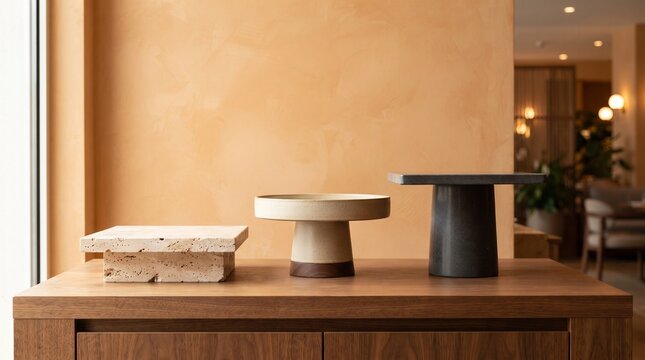 Minimalist concrete coffee table side tables on wooden console with
