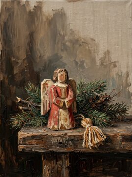 Handcrafted wooden angel figurine surrounded by evergreen branches