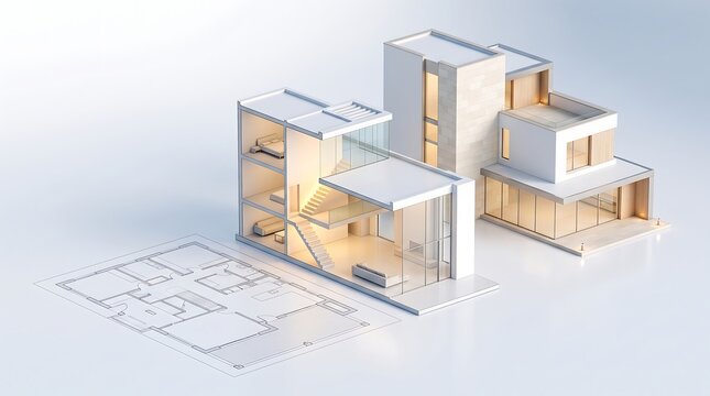 Cross section isometric architectural model of modern luxury house showing interior rooms and furniture layout on white surface with technical floor plan