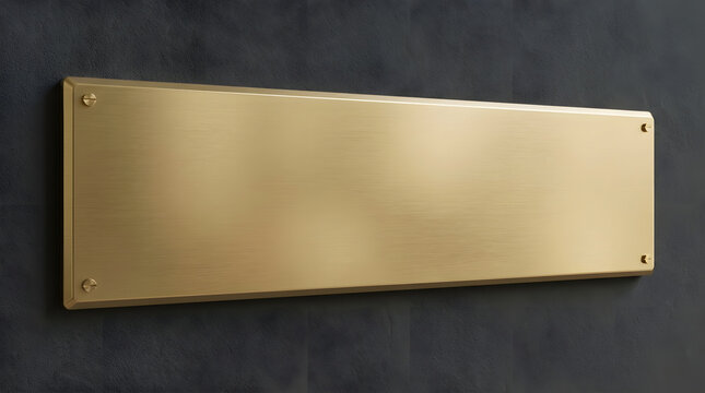 Elegant blank horizontal brass metal plate with visible screws attached to dark textured wall featuring brushed surface details and polished golden edges rendered on transparent background