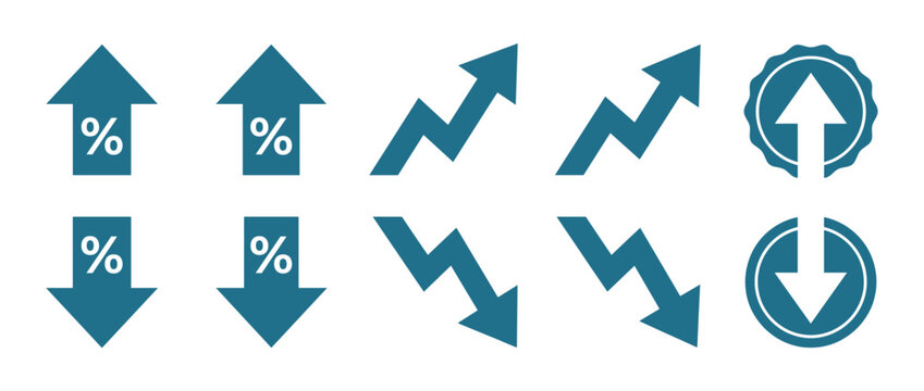 Financial growth and decline icons. Upward and downward trend symbols. Percentage, arrow, increase, decrease, cycle icons. Modern flat design for presentations, reports. Vector illustration.
