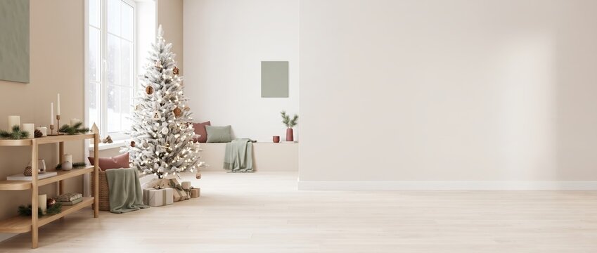 Decorated christmas tree with lights and ornaments in a minimalist living room with wooden shelving, white walls, and a large window, interior view