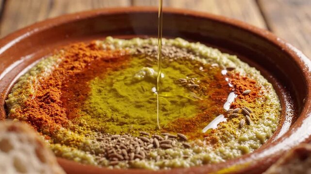 Pouring Olive Oil onto a Savory Bessara Dish with Spices