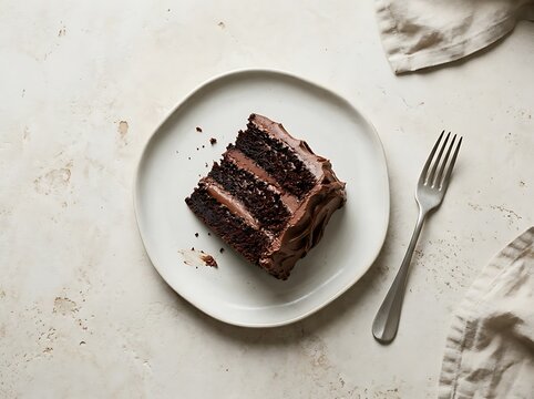 Delicious slice of rich layered cocoa sponge pastry served on a ceramic saucer with a metal fork ready for eating during a festive afternoon tea celebration with friends and family members
