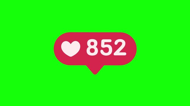Animated social media notification with a like heart and number 396 on green screen