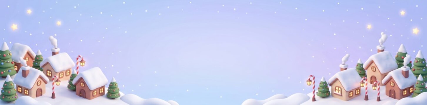 Gingerbread house village with snow-covered roofs, pine trees, and candy cane decorations on a soft purple background