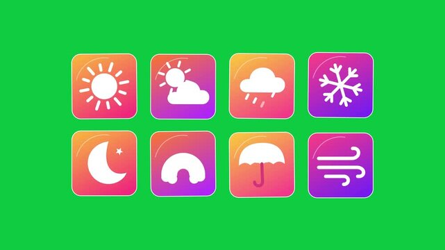 Dynamic 4K animated weather icons on green screen. Modern gradient UI elements for chroma key: sun, cloud, rain, snow, moon, rainbow, umbrella, wind. Ideal for digital