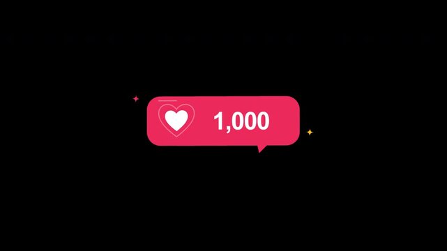 A red social media notification bubble with a heart icon counts from 0 to 1,000 likes. Professional animation with alpha channel for easy transparent overlaying.
