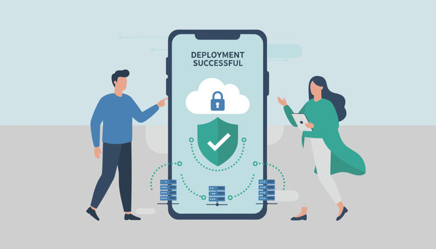 Developers standing beside oversized smartphone celebrating successful cloud deployment and data security lock.