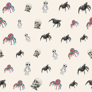 Seamless halloween pattern featuring spooky spiders skulls and voodoo dolls on light background