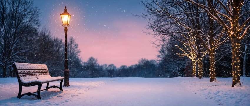 Snow-covered park bench beside a glowing vintage street lamp, with illuminated trees and a soft pink and blue twilight sky in winter