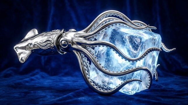 Surreal Chrome Squid Wrapped Around Glowing Ice Block