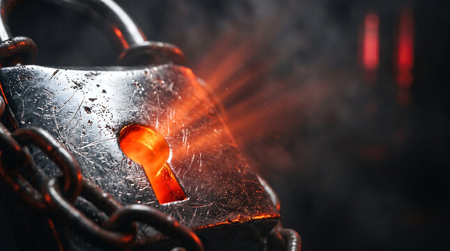 Close up of scratched steel padlock with glowing orange keyhole wrapped in heavy rusty chains with sparks and smoke on dark background representing security breach and danger