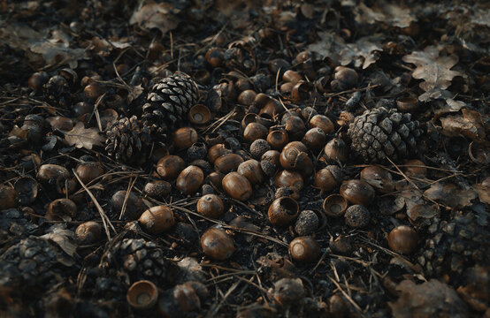 Fallen Oak Acorns and Pine Cones Scattered Across an Autumn Forest Floor