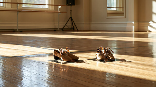 Two pairs of dance shoes arranged on an adjacent beginner floor